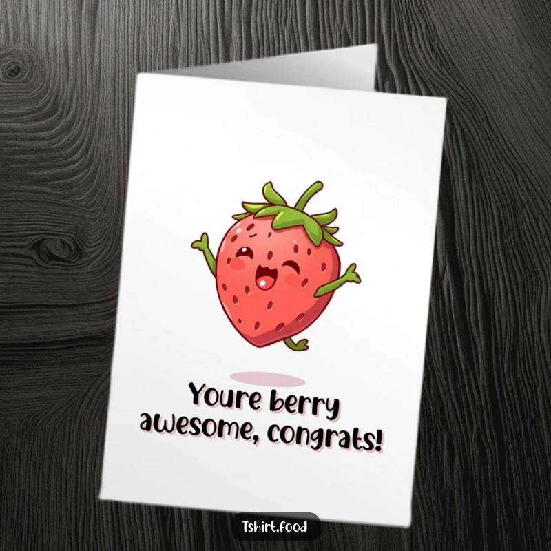 Free Printable Congratulations Card: Strawberry character with tiny leaf arms performing a happy high jump to celebrate achievements.