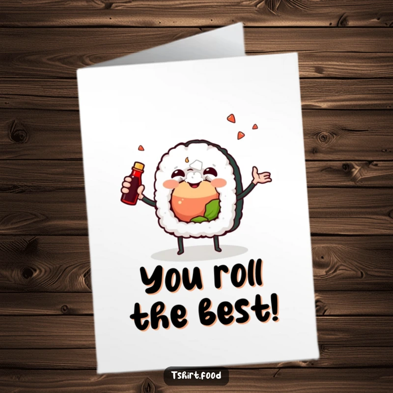 Funny Free Printable Congratulations Card with a happy sushi roll character juggling a small soy sauce bottle.