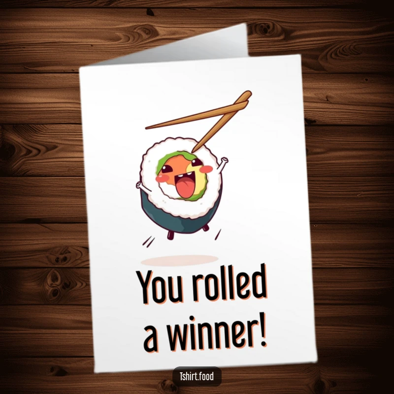 Funny Free Printable Congratulations Card: A sushi roll executes a mid-air cartwheel with chopsticks, a fun downloadable gift for winners.