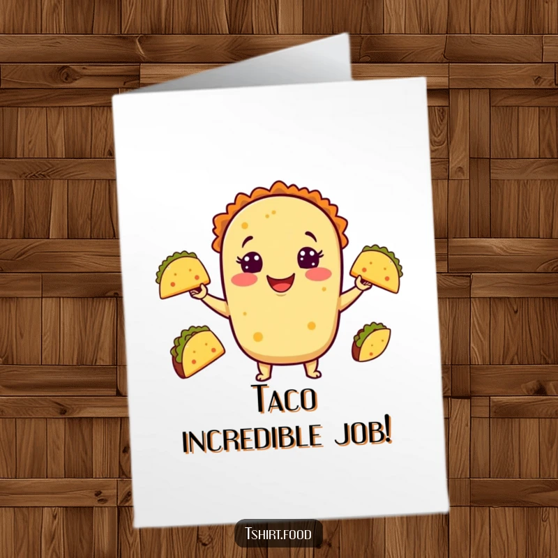 Funny Free Printable Congratulations Card: A beaming taco skillfully juggles smaller tacos, a fun downloadable gift for celebrations.