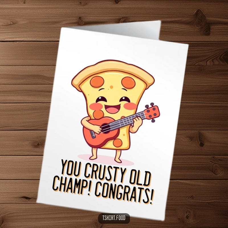 Funny Free Printable Congratulations Card: A joyful pizza slice playing a ukulele, celebrating success with a smile.
