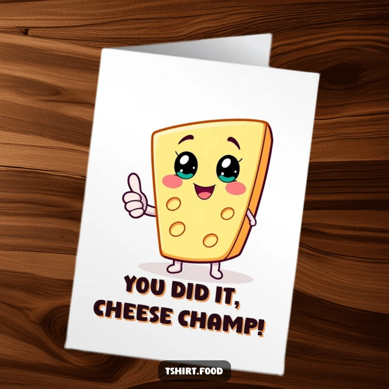 Funny Free Printable Congratulations Card: Joyful cheese wedge character giving a thumbs up with tiny arms, cheering 'You did it!'.