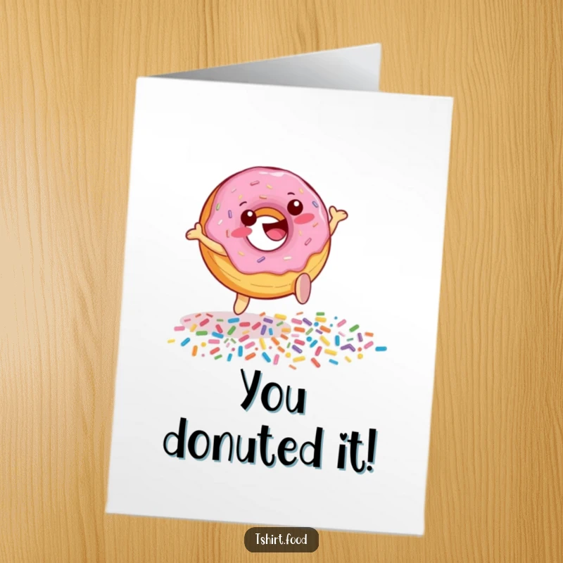 Funny Free Printable Congratulations Card: A happy donut character leaps over a pile of sprinkles, a joyful downloadable gift.
