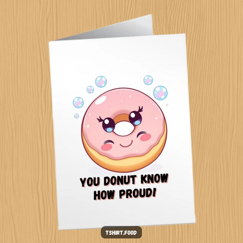 Funny Free Printable Congratulations Card featuring a cheerful donut character blowing sparkling iridescent bubbles.
