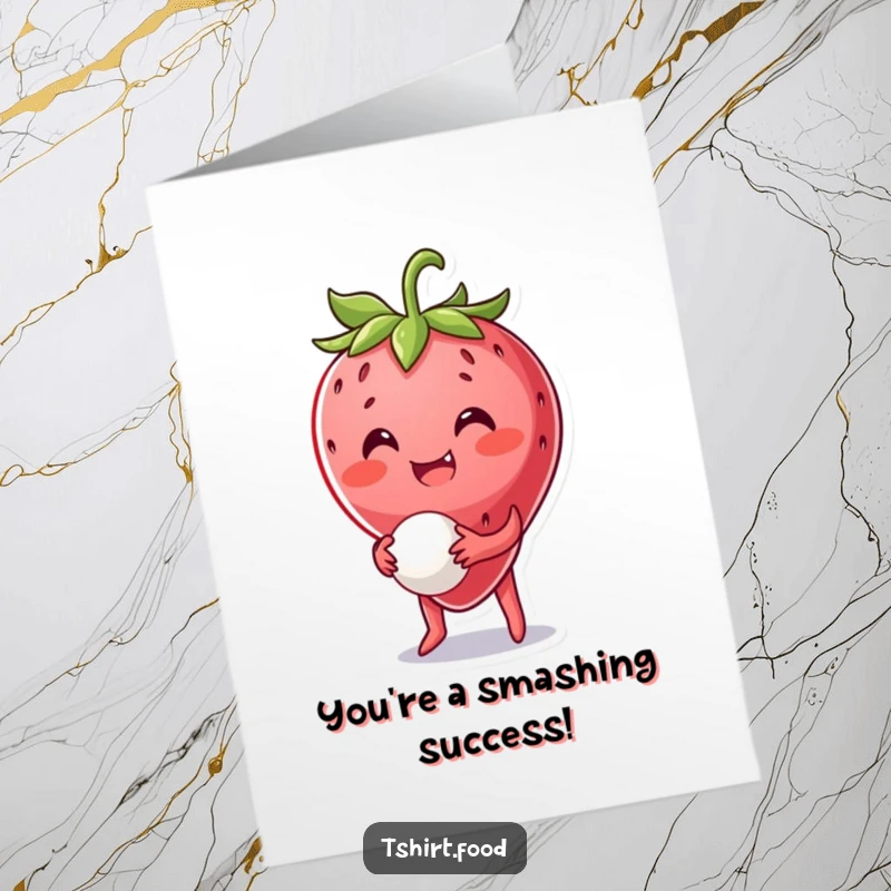 Funny Free Printable Congratulations Card: A smiling strawberry character bounces a ball, celebrating an achievement.