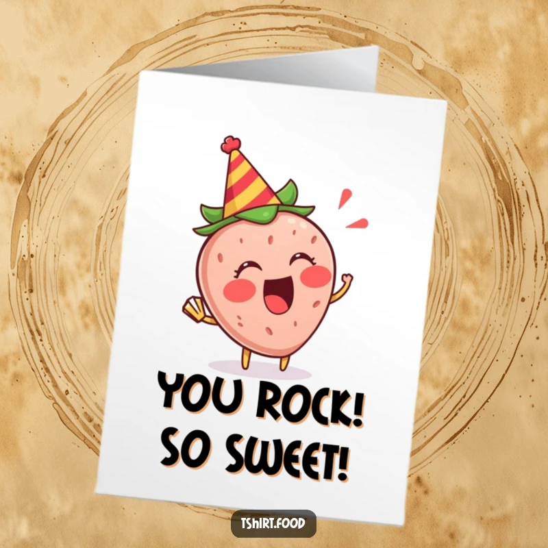 Funny Free Printable Congratulations Card: An excited strawberry wearing a party hat blows a party horn, celebrating success, a downloadable gift.