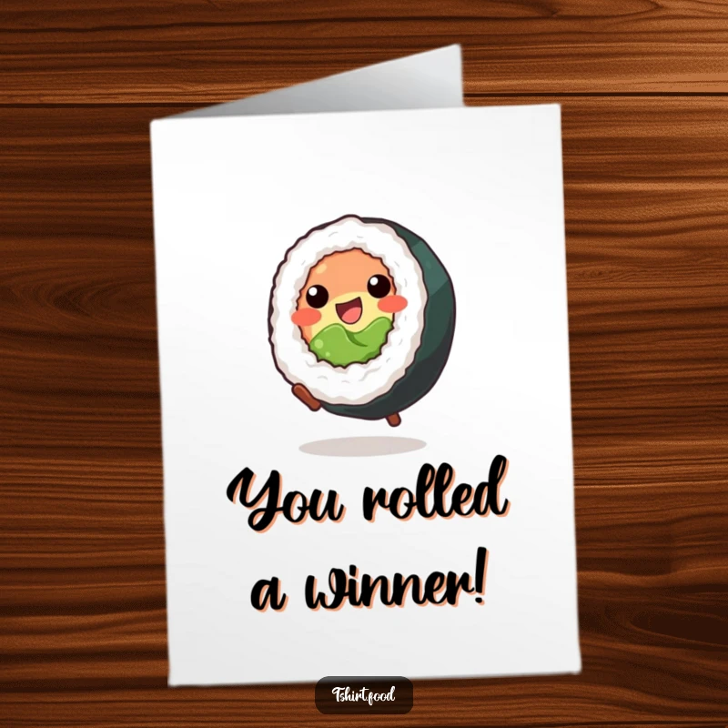 Funny Free Printable Congratulations Card: A beaming sushi roll executes a perfect cartwheel to celebrate your special news.