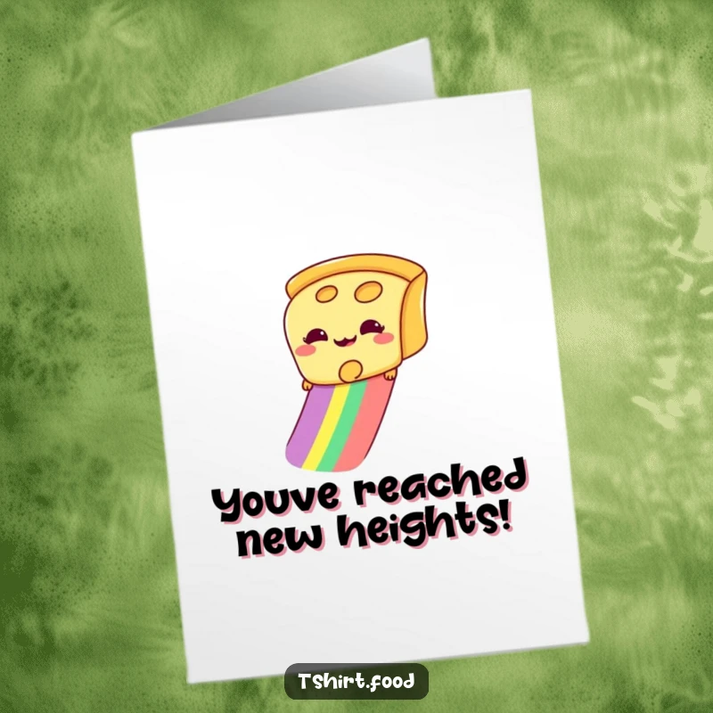 Free printable congratulations card: A happy, giddy cheese slice joyfully sliding down a colorful rainbow.