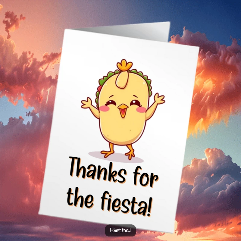 Funny Free Printable Thank You Card: Giggling taco character with tiny feet doing a silly chicken dance to express thanks.