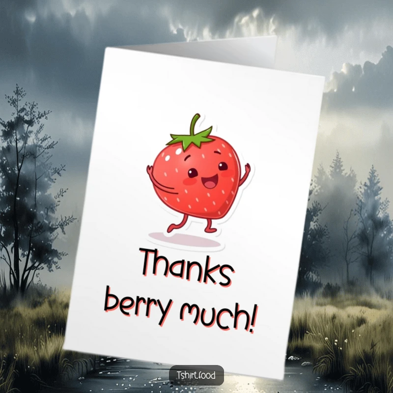 Funny Free Printable Thank You Card of a smiling strawberry with legs doing a happy, celebratory cartwheel.