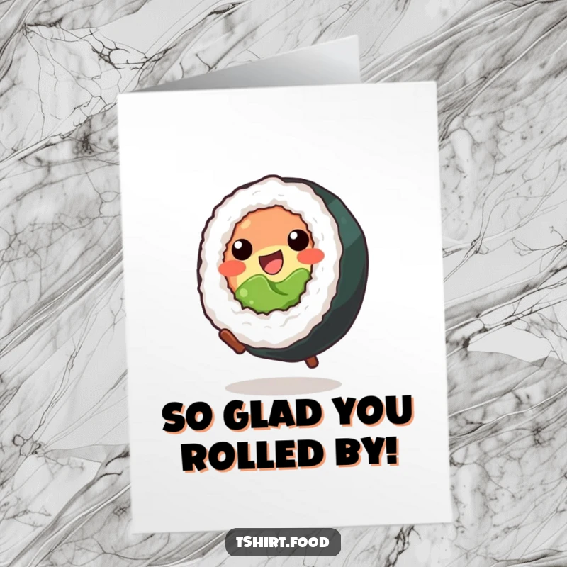 Funny Free Printable Thank You Card: A joyful sushi roll mid-cartwheel, sending thanks with energetic flair.