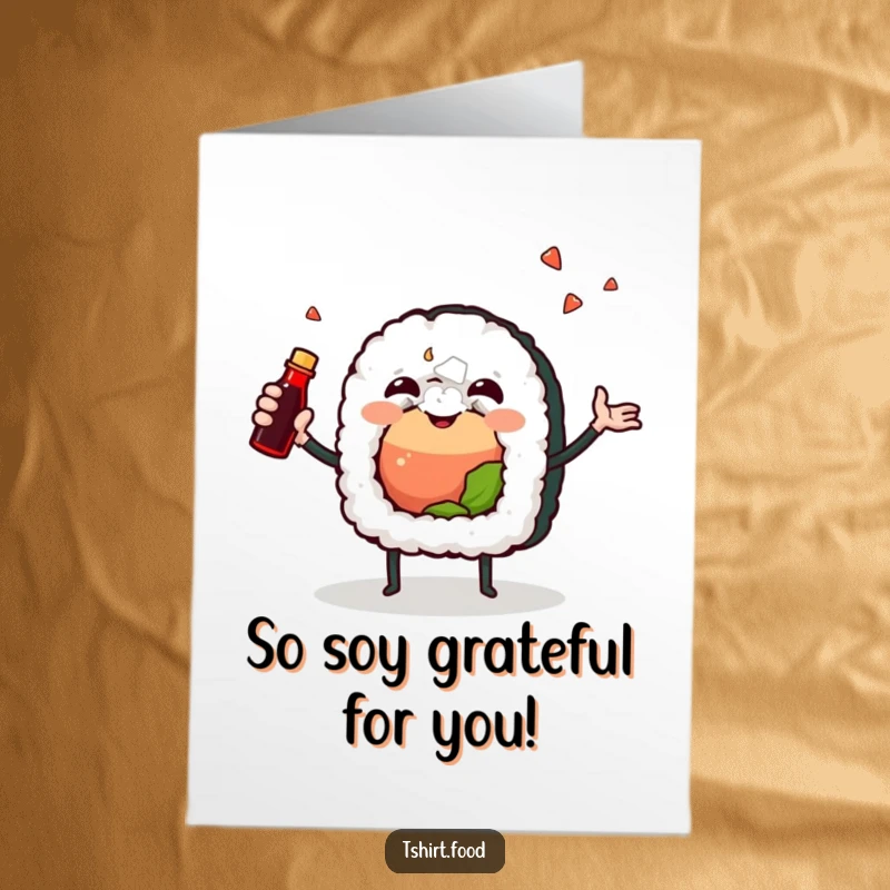 Funny Free Printable Thank You Card of a cheerful sushi roll character juggling a soy sauce bottle with joy.