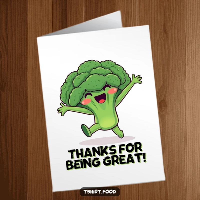 Funny Free Printable Thank You Card: A happy broccoli character does a cartwheel, arms wide, to show thanks.