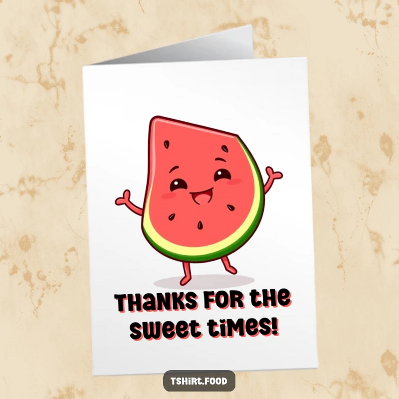 Funny free printable thank you card: A happy watermelon slice dancing with a wide, comical silly grin.