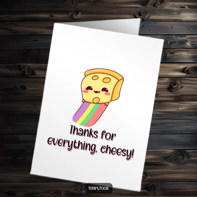 Funny free printable thank you card: A giddy slice of cheese with a wide grin sliding down a bright rainbow.