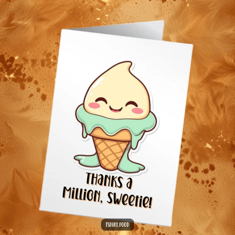 Funny Free Printable Thank You Card with a happy, melting ice cream cone character smiling.