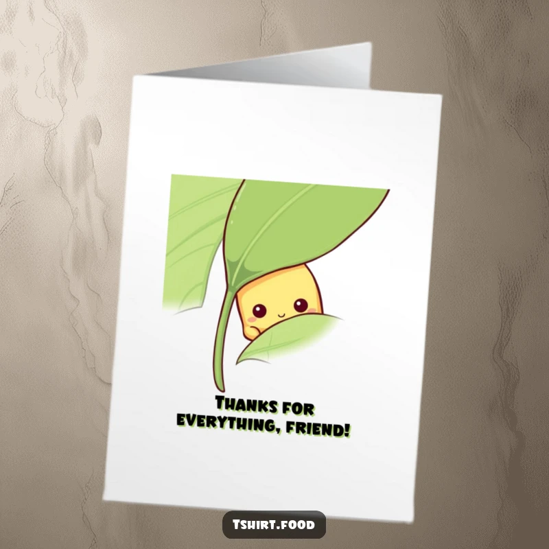 Funny Free Printable Thank You Card with a shy banana peeking from behind a leaf, conveying thanks with a sweet and bashful demeanor.