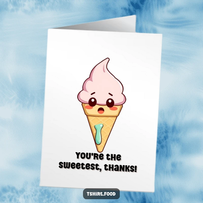 Funny Free Printable Thank You Card: A slightly melting ice cream cone character with a surprised expression, conveying thanks.