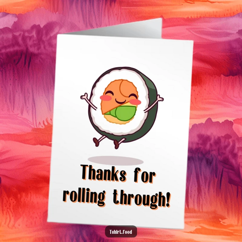 Funny free printable thank you card featuring a smiling sushi roll character doing a cartwheel with tiny legs.