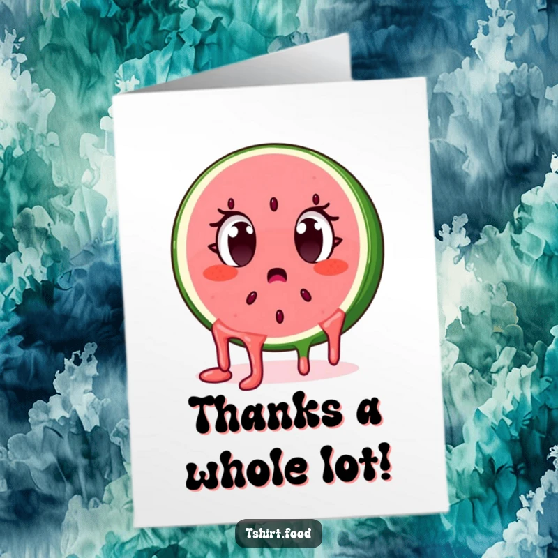 Funny Free Printable Thank You Card of a surprised watermelon slice with wide eyes and dripping seeds.
