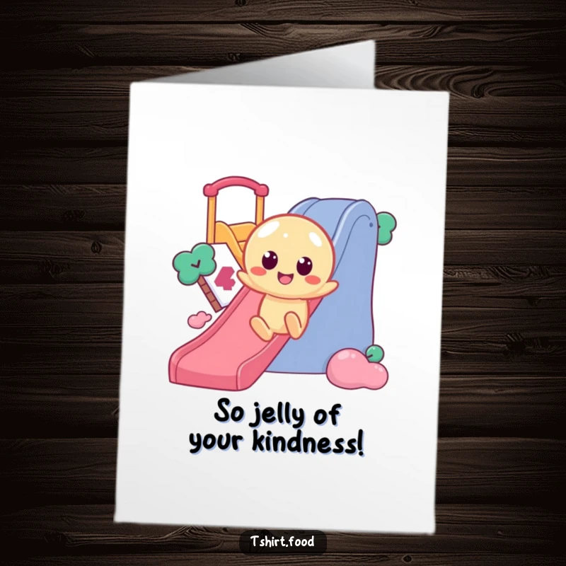 Free Printable Thank You Card: Wobbly jelly character with round eyes sliding enthusiastically down a slide, expressing thanks.
