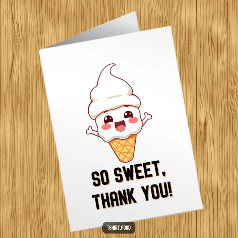 Funny Free Printable Thank You Card: A happy ice cream cone character wearing a cone hat, conveying sweet thanks.
