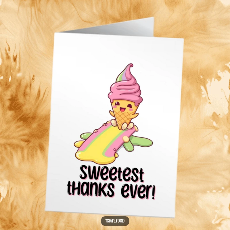 Funny Free Printable Thank You Card: Smiling ice cream cone slides down a rainbow, sending a sweet and grateful thank you.