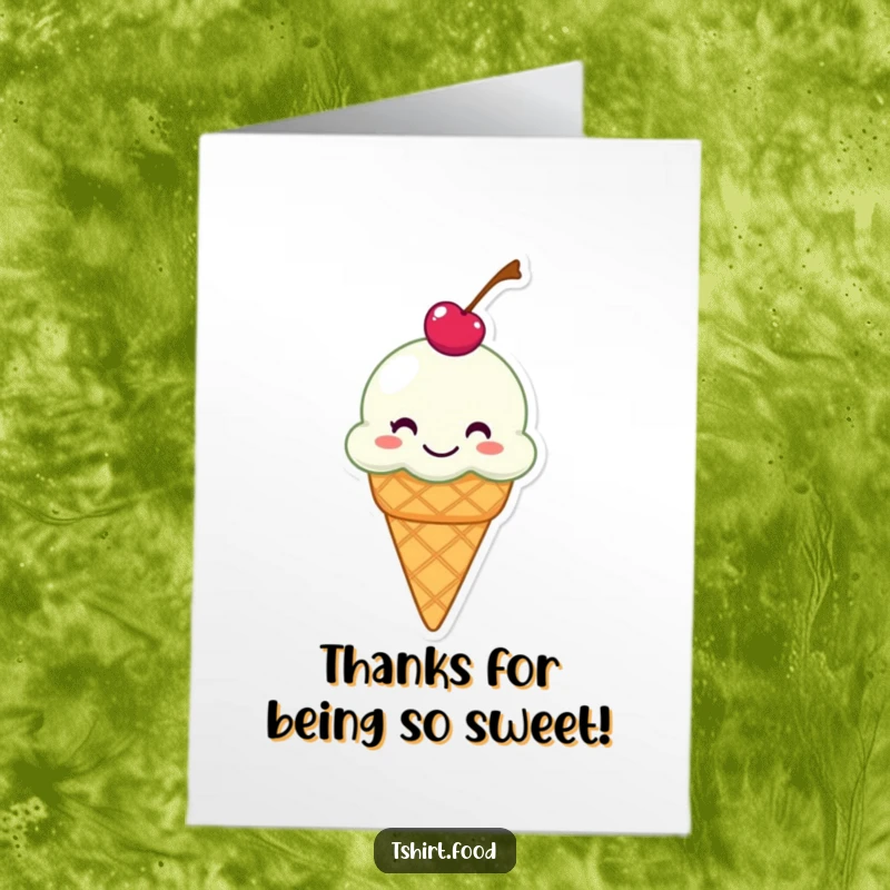 Funny free printable thank you card: grinning ice cream cone with cherry sliding, expressing thanks, cute downloadable art.