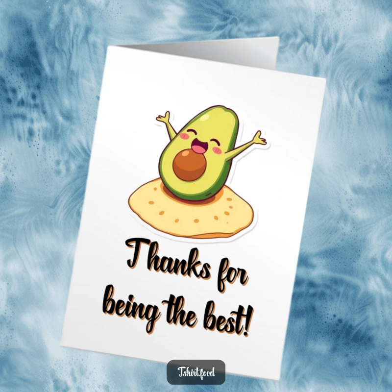 Funny Free Printable Thank You Card: A happy avocado doing a somersault on a tortilla, expressing thanks with humor.