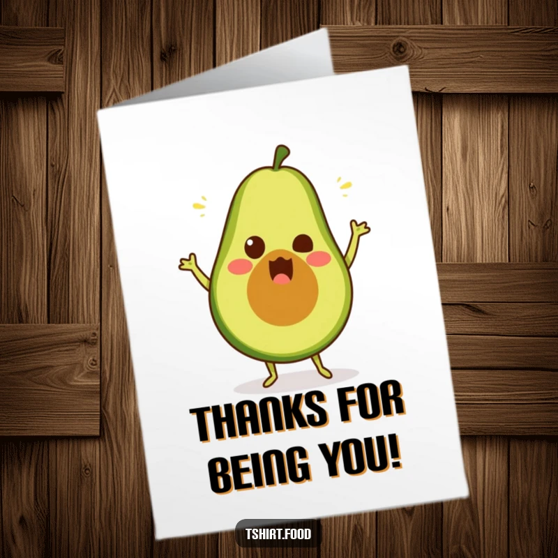 Funny Free Printable Thank You Card with a surprised avocado busting out some silly dance moves, expressing gratitude with humor.