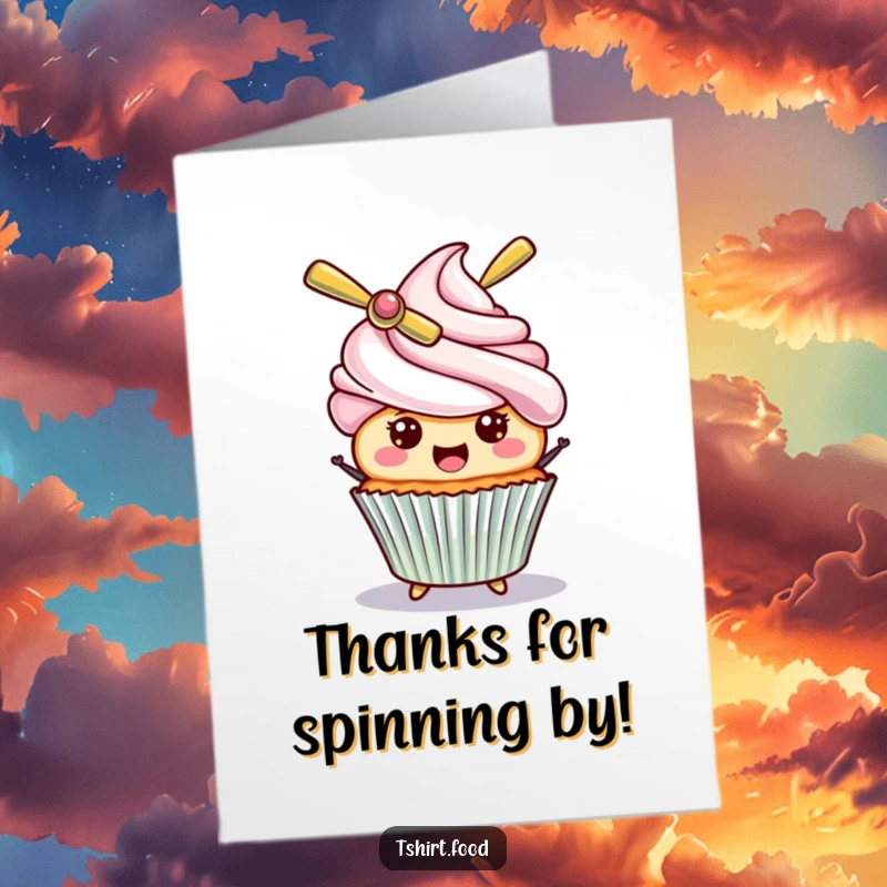 Funny free printable thank you card featuring a cute cupcake with a propeller hat, giving a cheerful thanks. A perfect DIY gesture.