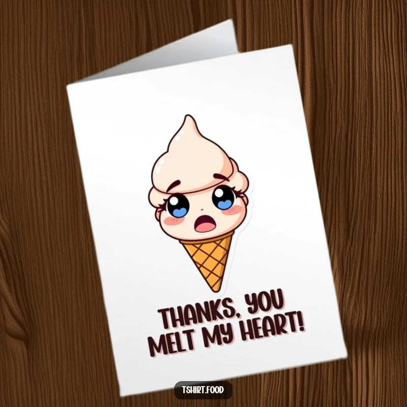 Funny free printable thank you card: A melting ice cream cone with exaggerated wide eyes expressing comical surprise.