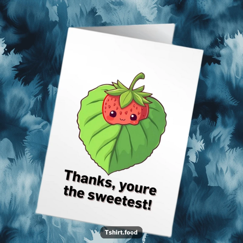 Funny free printable thank you card: A shy strawberry with cute eyes peeking from behind a large leaf, conveying thanks.