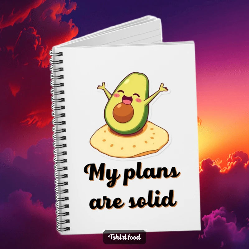Funny avocado notebook with a laughing character doing a somersault on a tortilla, perfect for jotting down tasty ideas.