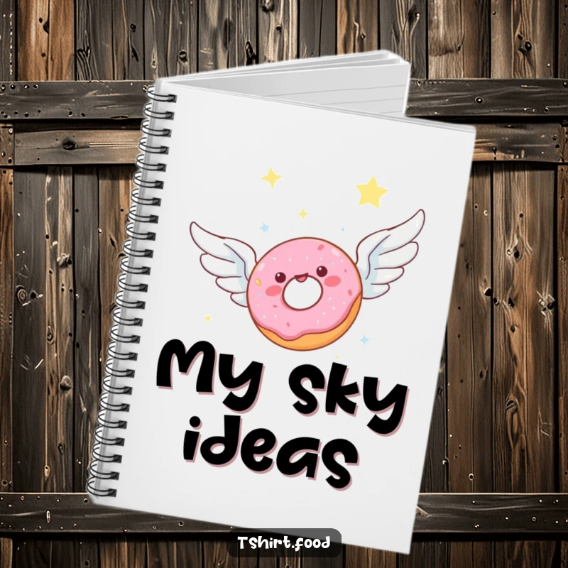 Funny notebook cover art of a donut with wings joyfully soaring through a starlit sky, ideal for notes with a side of sweet, celestial fun.