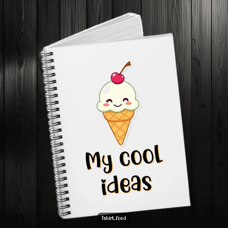 Funny notebook with a grinning ice cream cone with a cherry on top, humorously sliding, designed for notes and ideas.
