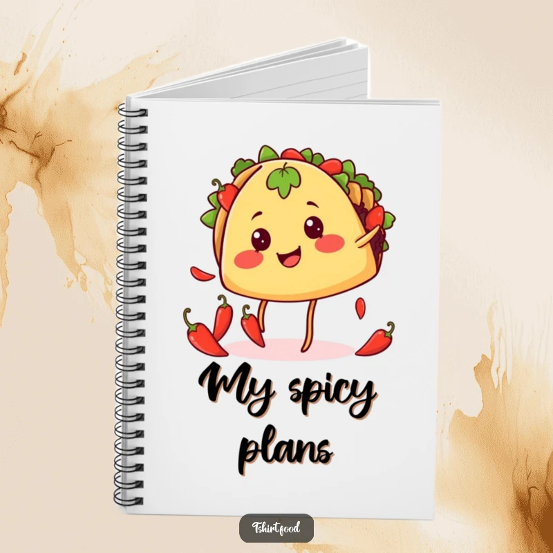 Funny juggling taco notebook featuring a smiling taco with legs juggling chili peppers, ideal for capturing flavorful thoughts.