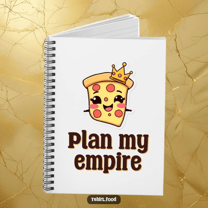 Funny Notebook with a grinning pizza slice character wearing a tiny crown, perfect for jotting down delicious thoughts and ideas.