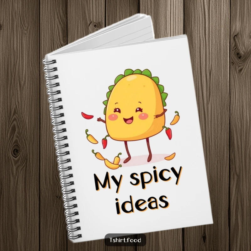 Funny taco notebook cover featuring a smiling, leggy taco enthusiastically juggling tiny chiles, ready for your notes.