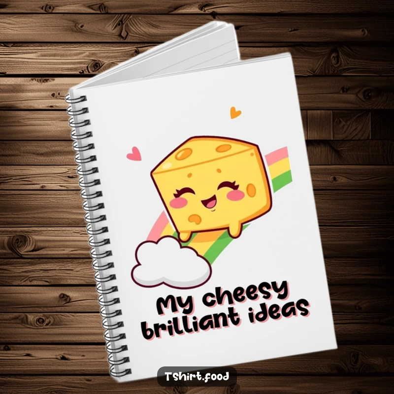 Funny Winking Cheese Wedge Notebook, a cute character sliding down a rainbow, perfect for fun note-taking.