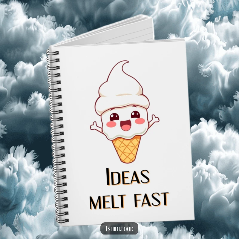 Funny Notebook with an excited ice cream cone character wearing a cone hat, perfect for jotting down sweet thoughts and ideas.
