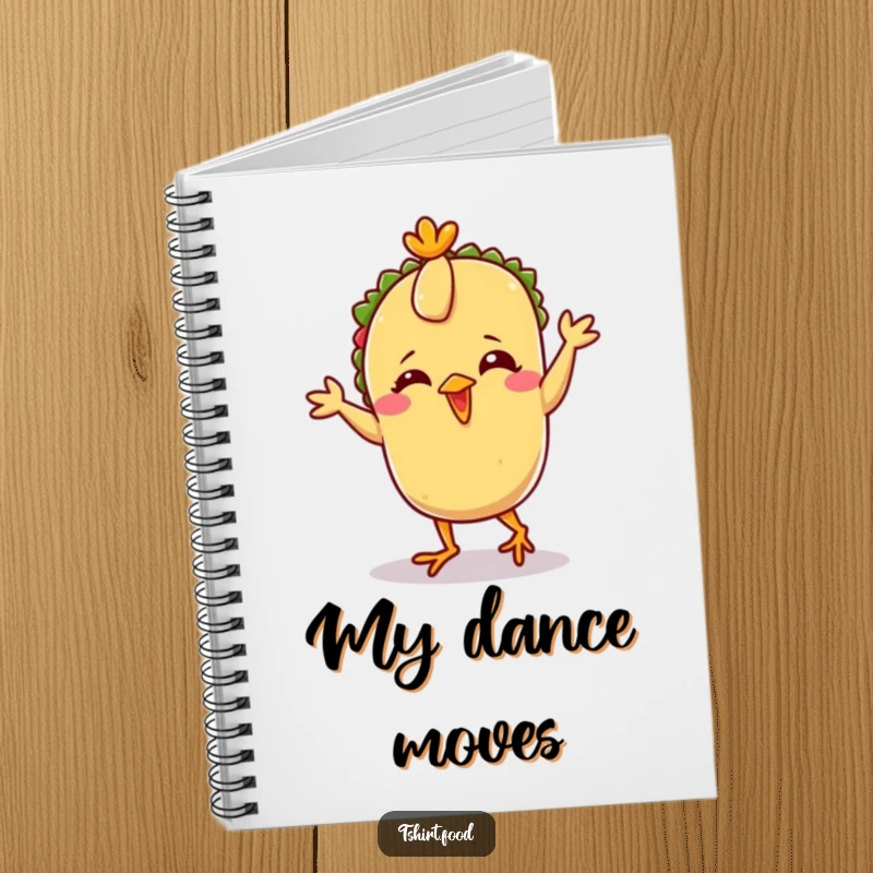 Funny Taco Chicken Dance Notebook with a giggling taco character in tiny feet doing the chicken dance, perfect for note-taking and journaling.