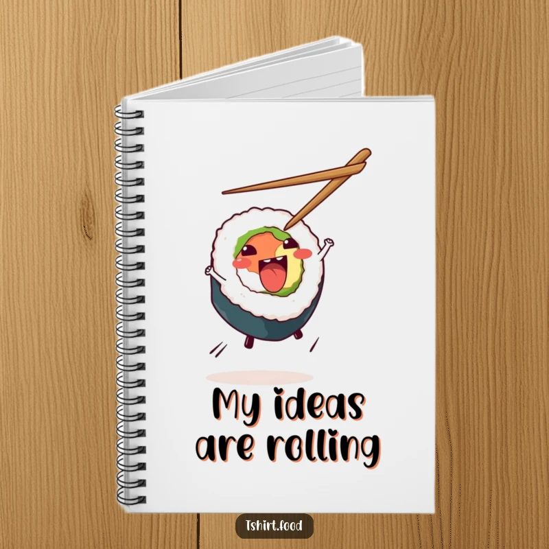 Funny Sushi Cartwheel Notebook featuring an energetic sushi roll mid-cartwheel, ideal for jotting down notes with a humorous Japanese food theme.