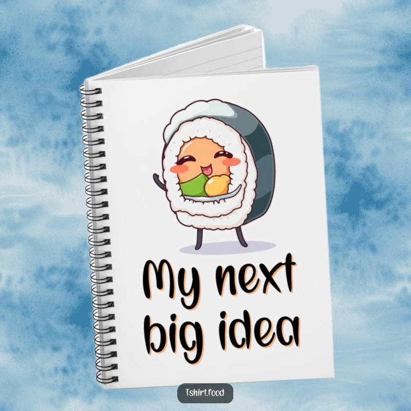 Funny notebook with a winking sushi roll doing a dance, designed for jotting down notes and ideas with a humorous touch.