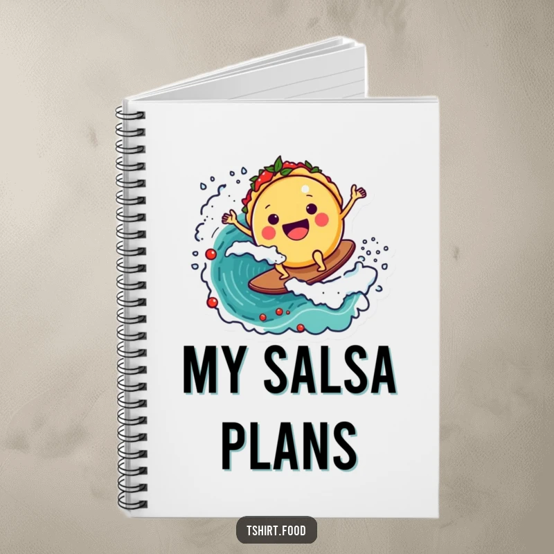 Funny notebook cover art of a happy taco character surfing a salsa wave, ideal for jotting down notes with a side of Mexican food fun.