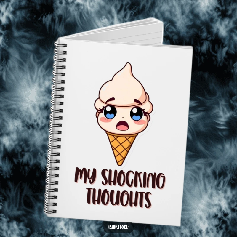 Funny notebook cover featuring a surprised ice cream cone with comically wide, popping eyes, waiting for your notes.