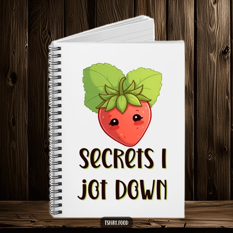 Funny shy strawberry notebook, peeking from a leaf, ideal for journaling with sweet, cute humor. Ideal funny gift.