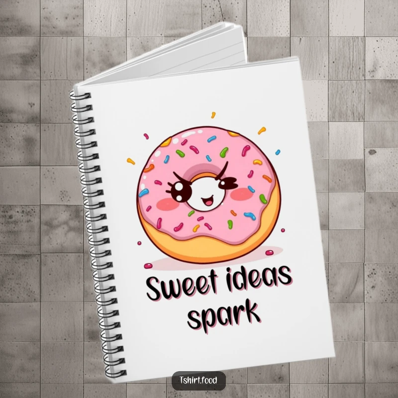 Funny notebook cover with a kawaii donut throwing colorful sprinkles and giving a mischievous wink, perfect for notes and doodles.