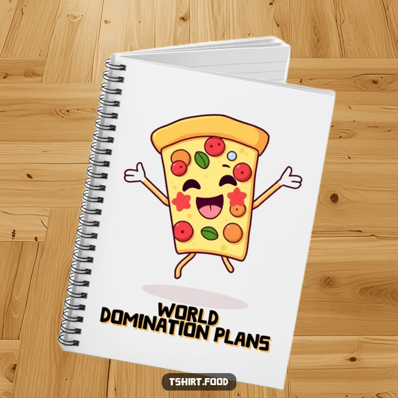 Funny pizza slice notebook showing off a victory dance amidst cheerful toppings. A fun companion for notes and ideas.