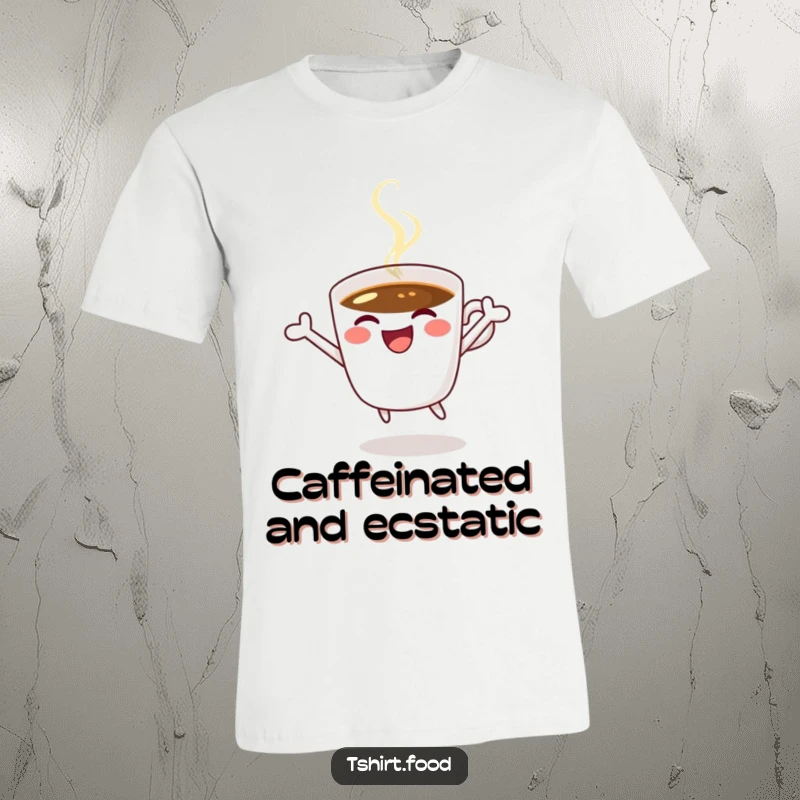 Funny coffee t-shirt depicting a smiling coffee cup winking and jumping with excitement, full of morning spirit.
